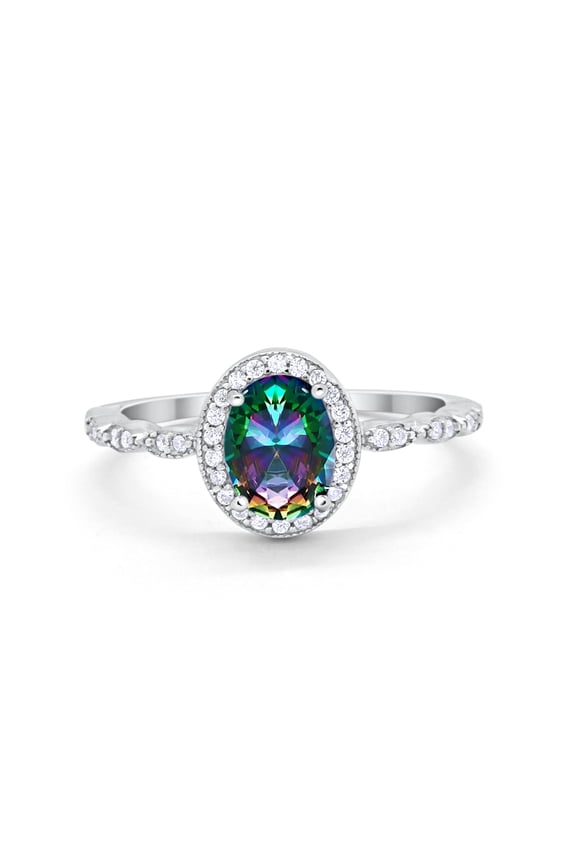 Oval Engagement Ring Halo Bridal Simulated Rainbow CZ 925 Sterling Silver Size 9