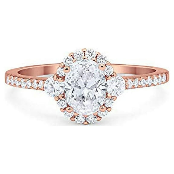 Oval Engagement Ring Round Rose Tone, Simulated CZ 925 Sterling Silver Size 5
