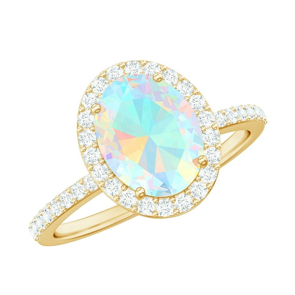 Rosec Jewels Oval Ethiopian Opal Ring for Women with Diamond Halo (8X10 mm, AAA Grade), 18K Yellow Gold, US 12.00