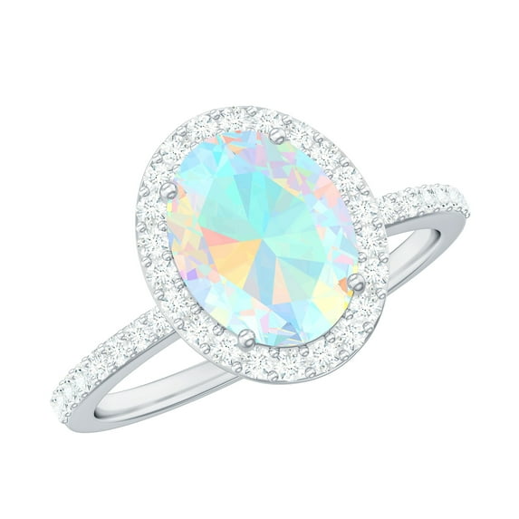 Rosec Jewels Oval Ethiopian Opal Ring for Women with Diamond Halo (8X10 mm, AAA Grade), 925 Sterling Silver, US 4.00