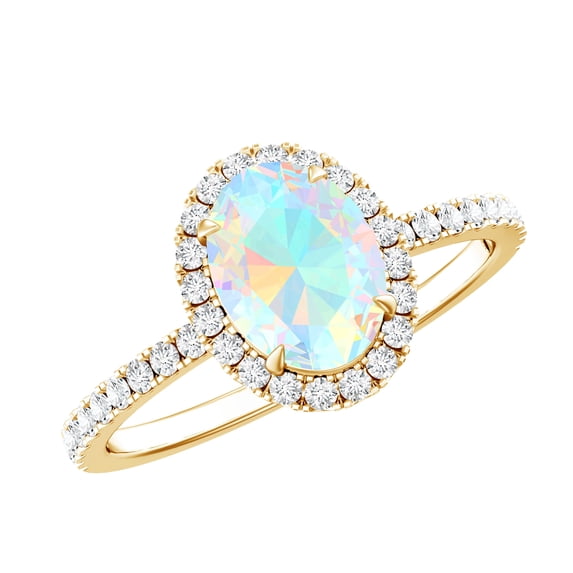 Rosec Jewels Oval Ethiopian Opal Ring with Diamond Halo for Women (6X8 mm, AAA Grade), 10K Yellow Gold, US 10.00