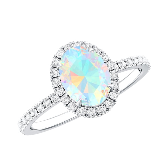 Rosec Jewels Oval Ethiopian Opal Ring with Diamond Halo for Women (6X8 mm, AAA Grade), 18K White Gold, US 3.00