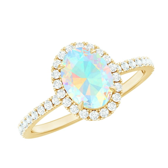 Rosec Jewels Oval Ethiopian Opal Ring with Diamond Halo for Women (6X8 mm, AAA Grade), 18K Yellow Gold, US 12.00