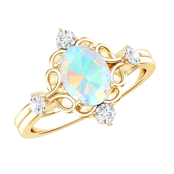 Rosec Jewels Vintage Style Ethiopian Opal Oval Engagement Ring - 1.2 Ct - AAA Quality - Opal Diamond Ring - with Jewelry Box, 14K Yellow Gold, US 11.00