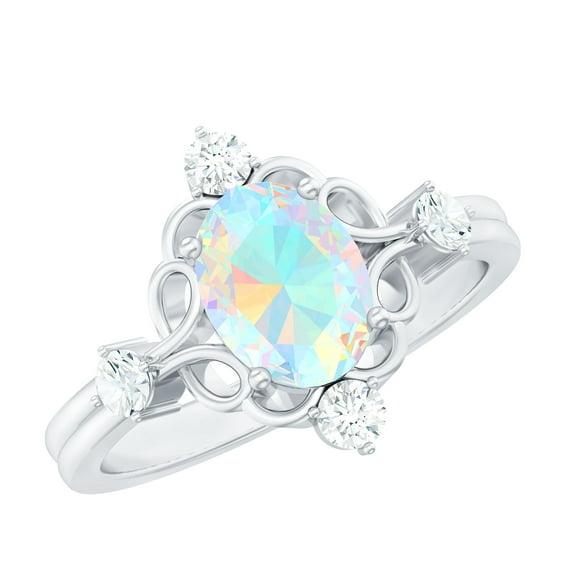 Rosec Jewels Vintage Style Ethiopian Opal Engagement Ring - 6X8 mm Oval - AAA Quality - Opal Diamond Ring - with Jewelry Box, 925 Sterling Silver, US 4.00