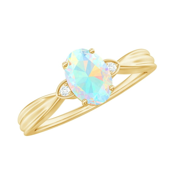 Rosec Jewels Oval Ethiopian Opal Solitaire Ring with Diamond for Women - 5X7 mm - AAA Grade, 10K Yellow Gold, US 7.50