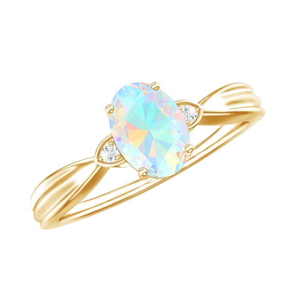 Oval Ethiopian Opal Solitaire Ring with Diamond for Women - 0.9 Ct - AAA Grade, 10K Yellow Gold, US 7.50