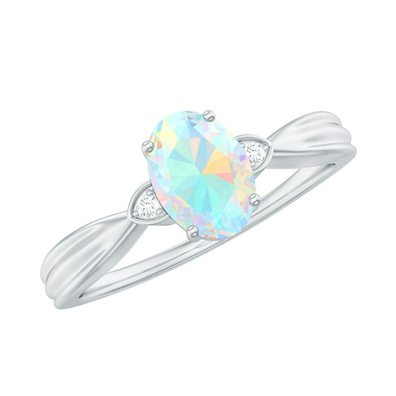 Rosec Jewels Oval Ethiopian Opal Solitaire Ring with Diamond for Women - 5X7 mm - AAA Grade, 14K White Gold, US 7.00