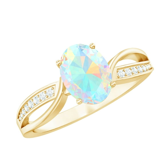 Rosec Jewels Oval Ethiopian Opal Solitaire Ring with Diamond for Women - AAA Quality, 10K Yellow Gold, US 7.00