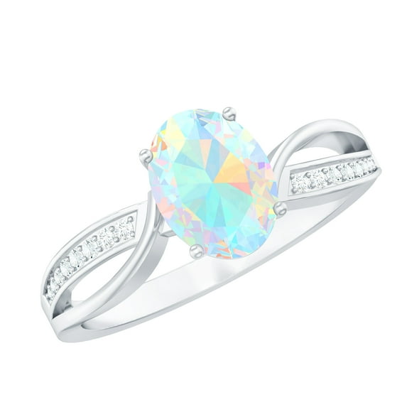 Rosec Jewels Oval Ethiopian Opal Solitaire Ring with Diamond for Women - AAA Quality, 14K White Gold, US 8.00