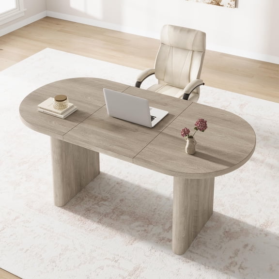Oval Executive Desk, Large Computer Office Desk Workstation, Farmhouse Wooden Laptop Desk Study Writing Table Business Furniture for Home Office.