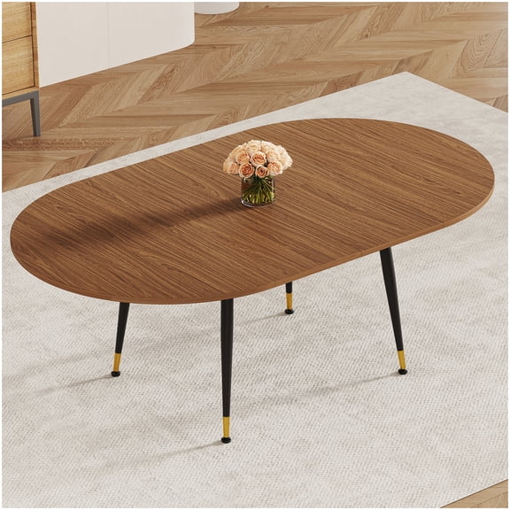 Oval Extendable Dining Table for 10 People, Walnut Brown Expandable Table with Metal Frame, Modern Kitchen Dining Room Furniture