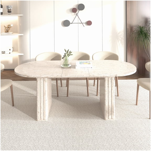 Oval Extendable Dining Table with Wood Base, Beige Travertine Style Table for Kitchen and Dining Room, Seats 4-8