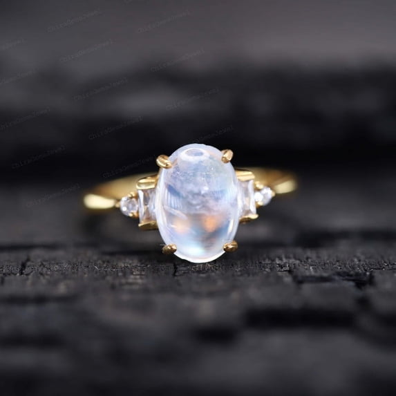 Oval Faceted Blue Moonstone 4 Prong Diamond Engagement Ring Art Deco Women Fine jewelry June Birthstone Birthday Gift For Sister