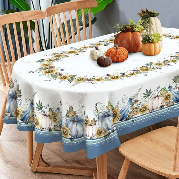Oval Fall Pumpkin Tablecloth, Maple Leaf Harvest Tablecloths, Autumn Thanksgiving Table Cloth, Waterproof Spillproof Table Cover for Dinner Kitchen Party Holiday Decorations, Oval 60 x 84 Inch