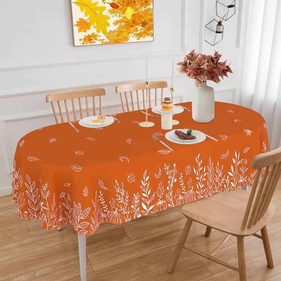 Oval Fall Tablecloth 52x70 Inch, Orange Fall Table Cloth Oval Pumpkins Wild Flowers Thanksgiving Autumn Tablecloths Table Cover for Party Dinner Decor