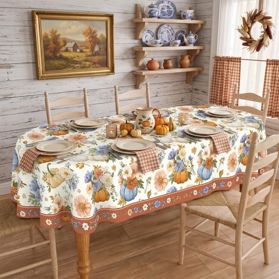 Oval Fall Tablecloth 60 x 102 Inch, Waterproof Washable Polyester Fabric Pumpkin Floral Autumn Tablecloth Oval Fall Table Cloths Oval Table Cover