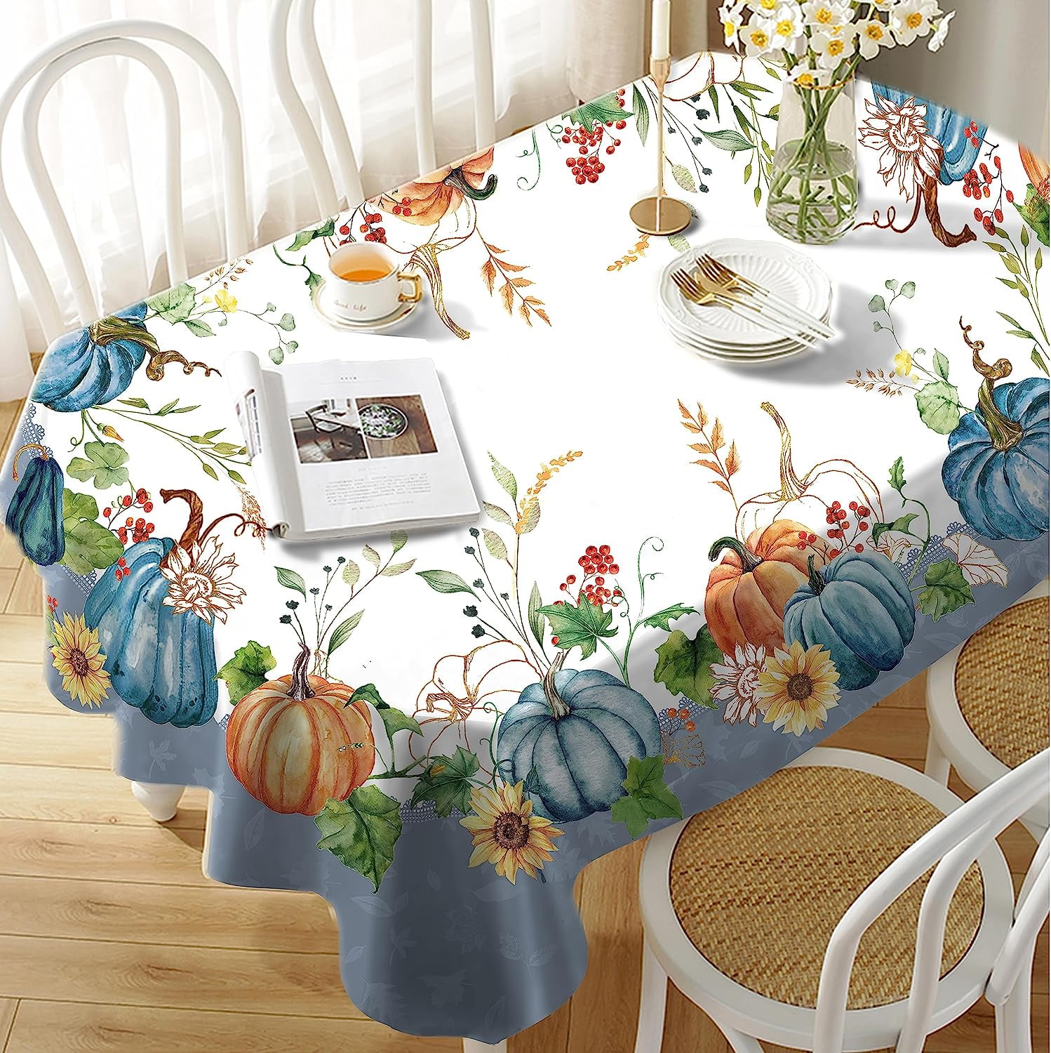 Oval Fall Tablecloth,Thanksgiving Autumn Harvest Blue Pumpkin Sunflower ...