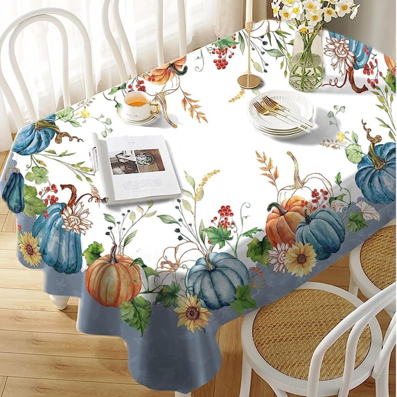 Oval Fall Tablecloth,Thanksgiving Autumn Harvest Blue Pumpkin Sunflower Maple Leaf Table cloth,Polyester Waterproof Wrinkle Resistant Durable Tablecloth for Fall,Thanksgiving,Home Decor 60x120inch