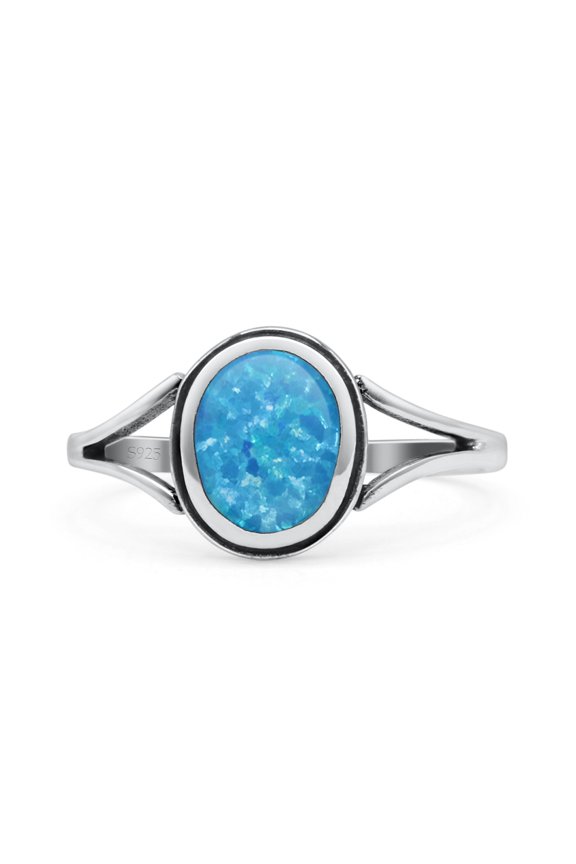 Oval Fashion Ring Lab Created Blue Opal Oxidized Solid 925 Sterling Silver Size 9