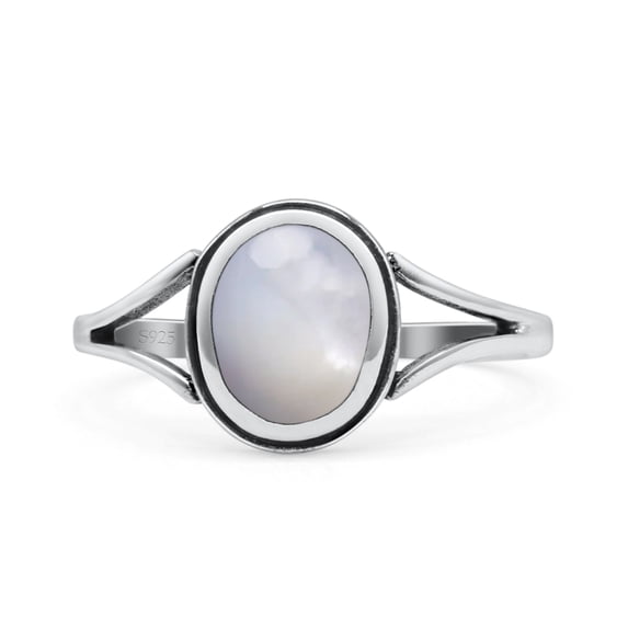 Oval Fashion Ring Simulated Mother of Pearl Oxidized Solid 925 Sterling Silver Size 8
