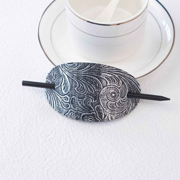 Oval Faux Leather Hair Clip with Wood Stick - Retro Hair Slide Pin for Ponytail Women Girls Accessory