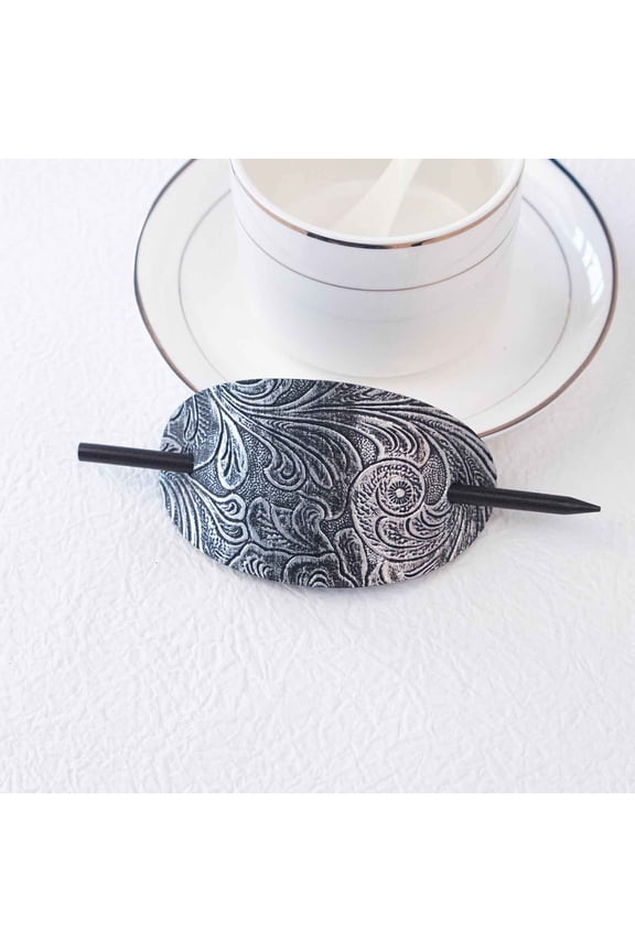 Oval Faux Leather Hair Clip with Wood Stick - Retro Hair Slide Pin for Ponytail Women Girls Accessory