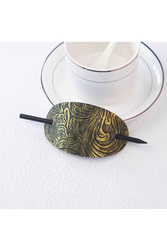 Oval Faux Leather Hair Clip with Wood Stick - Retro Hair Slide Pin for Ponytail Women Girls Accessory