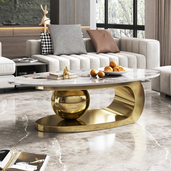 Oval Faux Marble Coffee Table 49.2", Stainless Steel Base, Modern