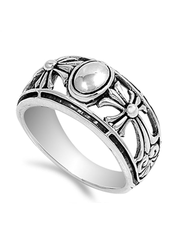 Oval Filigree Cross Floral Bead Wide Ring .925 Sterling Silver Band Jewelry Female Male Size 9