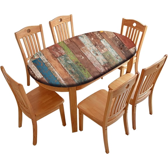 Oval Fitted Rustic Wood Planks Tablecloth with Elastic Edged & Polyester Backing, Red Blue Grey Brown Wooden Panel Waterproof Wipeable Oval Table Cover - Fits Tables up to 48*68