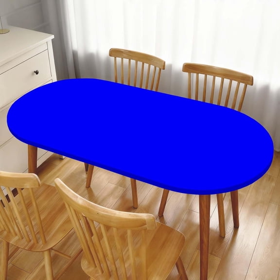Oval Fitted Tablecloth Blue Table Cloth with Elastic Edge Solid Color Tablecloths for Dining Buffet Party Outdoor Picnic, Washable Polyester Table Cover Fit for 48"x68" Oval Tables
