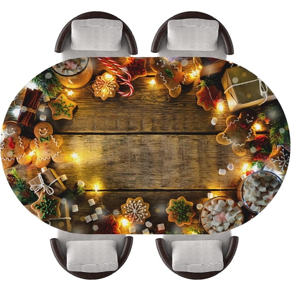 Oval Fitted Tablecloth with Elastic Edged Christmas Wooden Texture Background Waterproof Wipeable Table Cloths for Home Kitchen Picnic Party Dinner, Fits 48"x68" Oval Tables, Style43