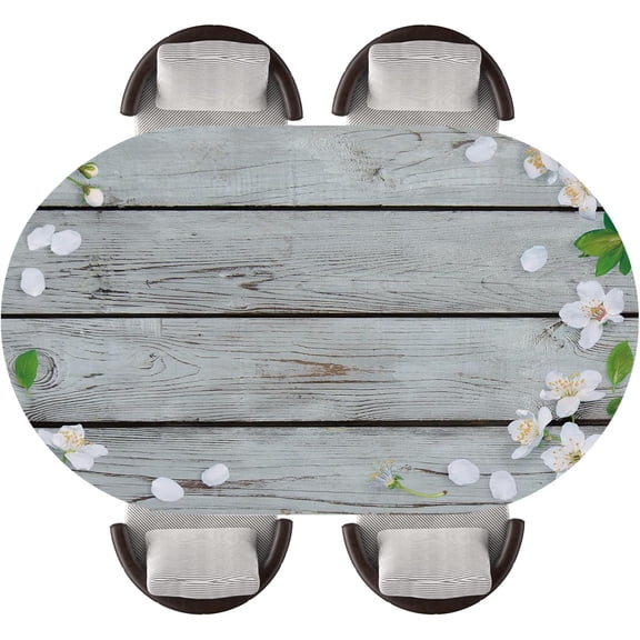 Oval Fitted Tablecloth Grey Wooden Texture Background Elastic Edged Waterproof Wipeable Table Top Protector for Indoor Outdoor Patio Use, Fits 48"x68" Oval Tables, Style185