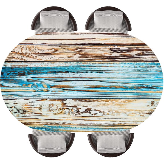 Oval Fitted Tablecloth Rustic Aged Wooden Texture Background Elastic Edged Waterproof Wipeable Table Top Protector for Indoor Outdoor Patio Use, Fits 48"x68" Oval Tables, Style75