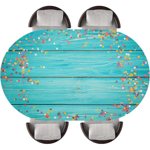 Oval Fitted Tablecloth Turquoise Wooden Texture Background Elastic Edged Waterproof Wipeable Table Top Protector for Indoor Outdoor Patio Use, Fits 48"x68" Oval Tables, Style35