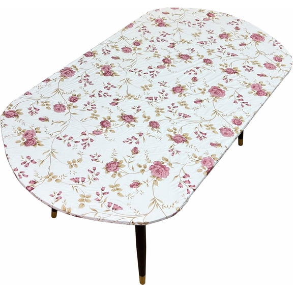 Oval Fitted Tablecloth with Flannel Backing Elastic Table Cloth Waterproof Oil-Proof Plastic Table Cover Best for Up to 48" x 68"