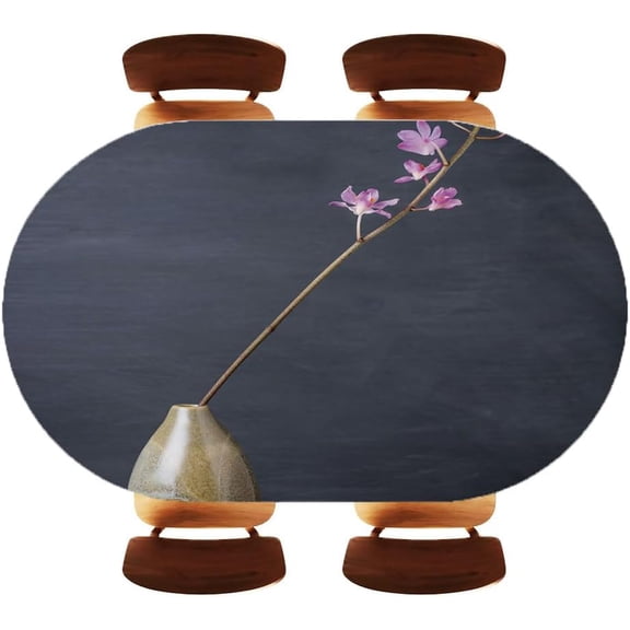 Oval Fitted Tablecloths with Elastic Edged PinkOrchid in vase on Wooden Textured Table, Wipeable Waterproof Oblong Table Cover, Fits 48"x68" Oval Tables, Style13