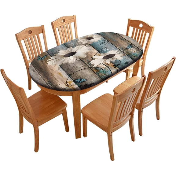 Oval Fitted Tablecloths, Rustic Daisy Flowers Elasticized Table Cloth, for Indoor Holiday Family Banquet and Outdoor Patio Use, 48" x 68" (Oval)
