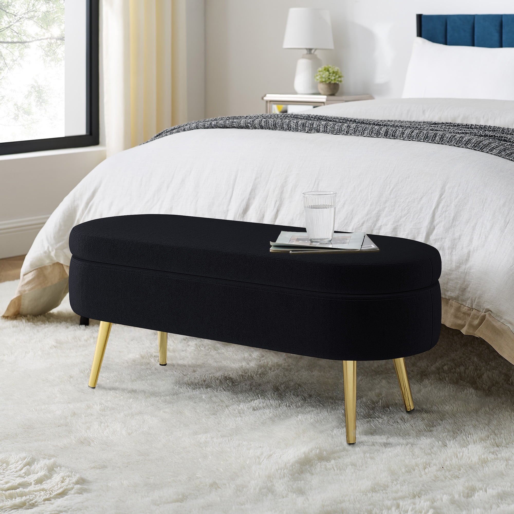 Oval Flannel Storage Ottoman Bench, Upholstered Footstool with Metal Legs, 43.5"x16"x16", 250lbs Capacity for Home Decor