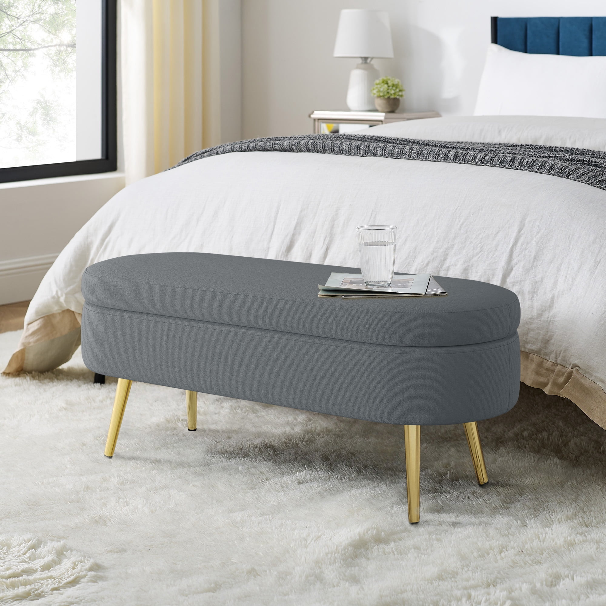 Oval Flannel Storage Ottoman Bench, Upholstered Footstool with Metal Legs, 43.5"x16"x16", 250lbs Capacity for Home Decor