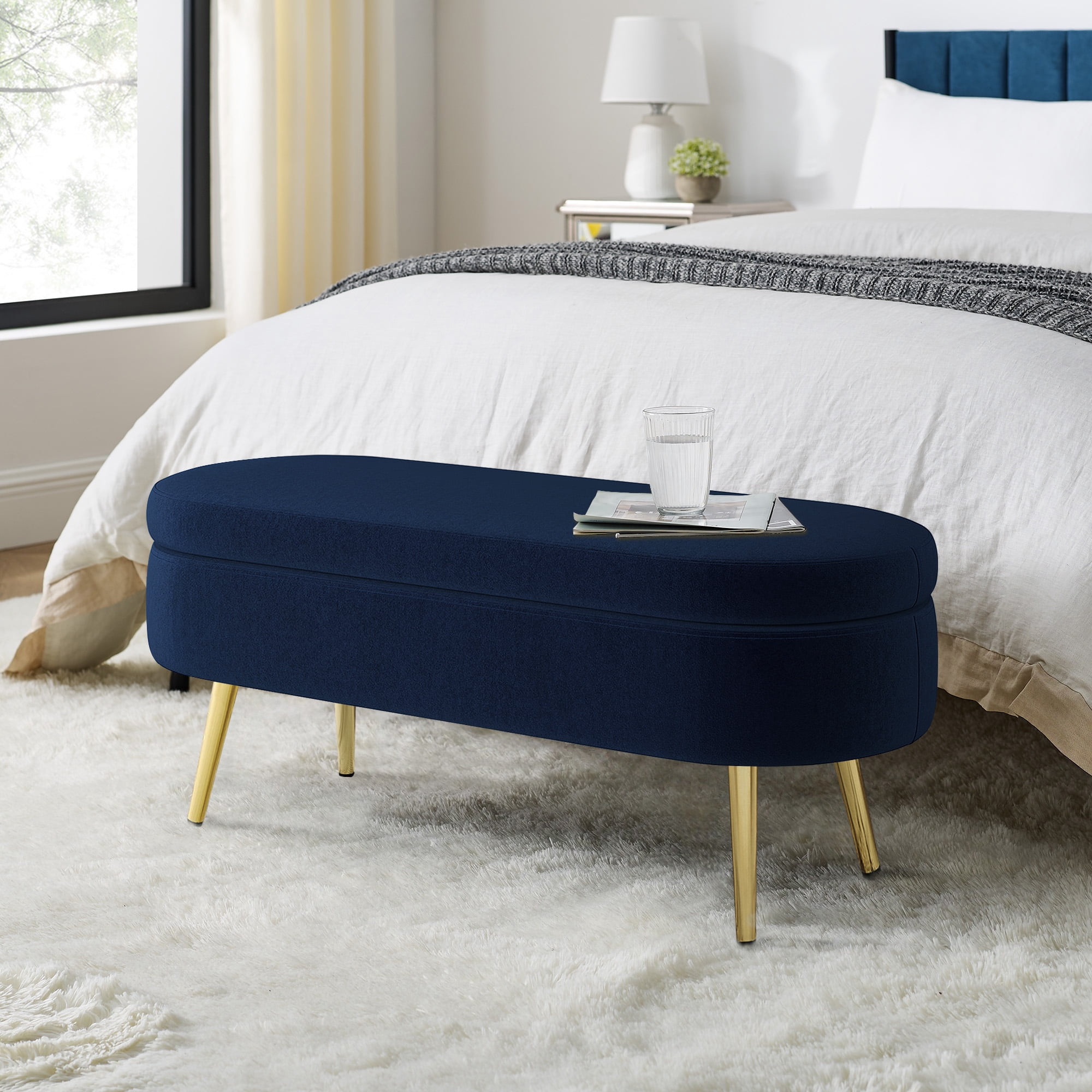 Oval Flannel Storage Ottoman Bench, Upholstered Footstool with Metal Legs, 43.5"x16"x16", 250lbs Capacity for Home Decor
