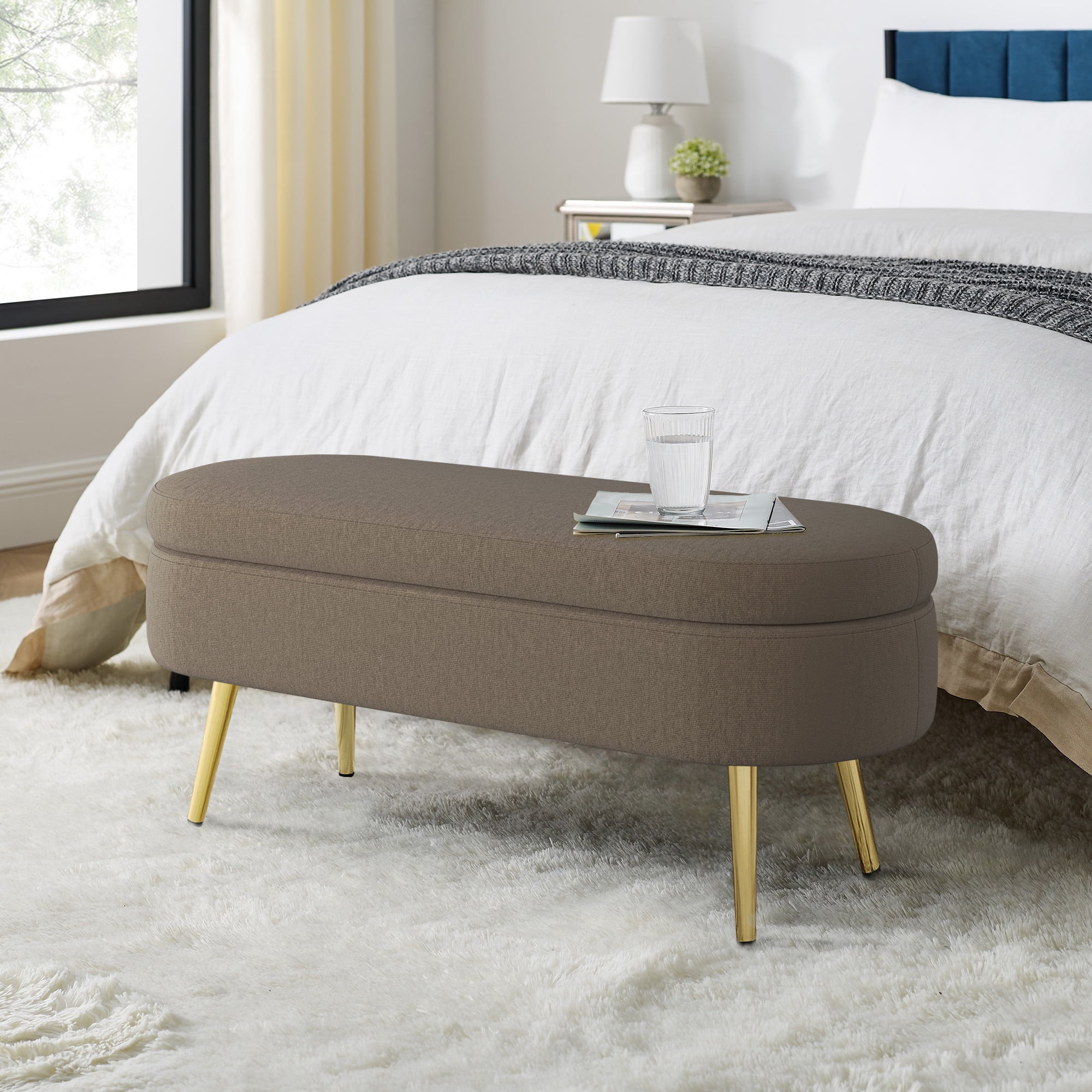 Oval Flannel Storage Ottoman Bench, Upholstered Footstool with Metal Legs, 43.5"x16"x16", 250lbs Capacity for Home Decor