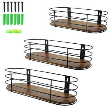 Oval Floating Wall Shelves Set of 3, Multiple Size Rustic Brown Hanging Shelf with Black Metal for Bedroom Bathroom Kitchen Living Room