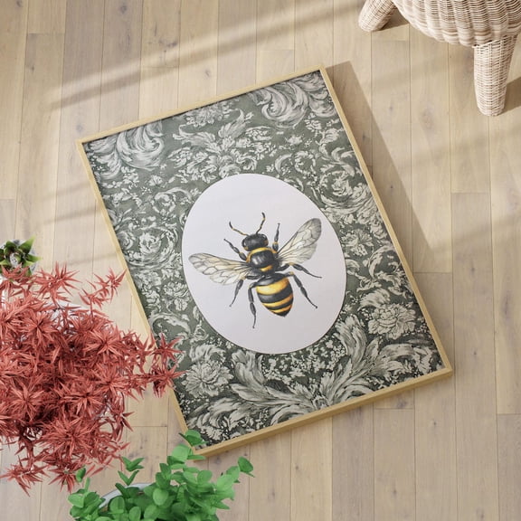 Oval Floral Bee Wall Art Neutral Cottagecore Decor, Unframed Paper Print Size 16x24
