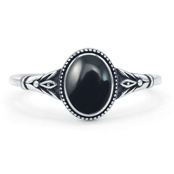 Oval Floral Leaf Oxidized Ring Black Agate 925 Sterling Silver Size 6