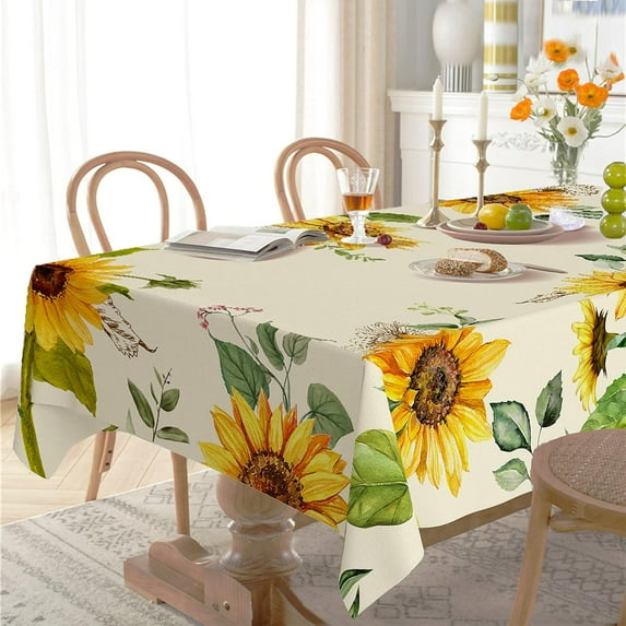 Oval Floral Tablecloth 60 x 84 inches, Yellow Floral Watercolor Table Cloth, Waterproof Wrinkle Resistant Tablecloth, Spring Summer Decoration for Holiday Kitchen Dining Room