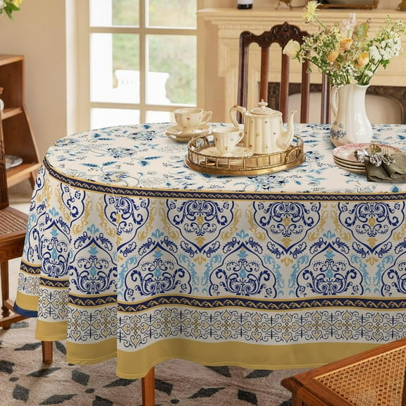 Oval Floral Tablecloth, Blue Yellow French Country Tablecloth 60 x 120, Wrinkle Resistant and Washable Floral Table Cloths,Perfect for Kitchen Dinner,Family Gathering,Holiday Dining Room Table