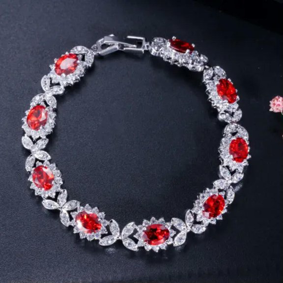 Oval Flower Chain Link Bracelet Red Purple Blue Green CZ Silver Plated Jewelry