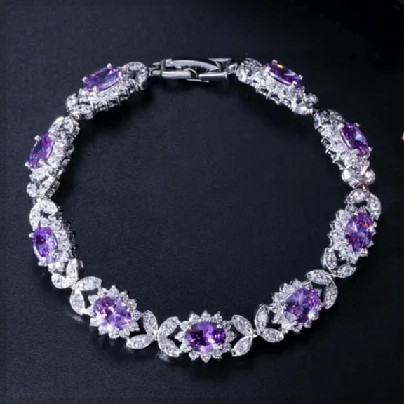 Oval Flower Chain Link Bracelet Red Purple Blue Green CZ Silver Plated Jewelry